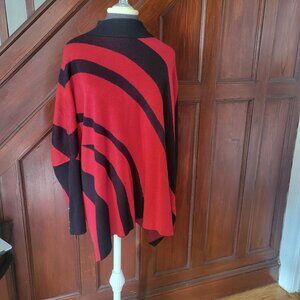 Chicos Red & Black Striped Poncho Sweater With Snap Button Detail L/XL Womens